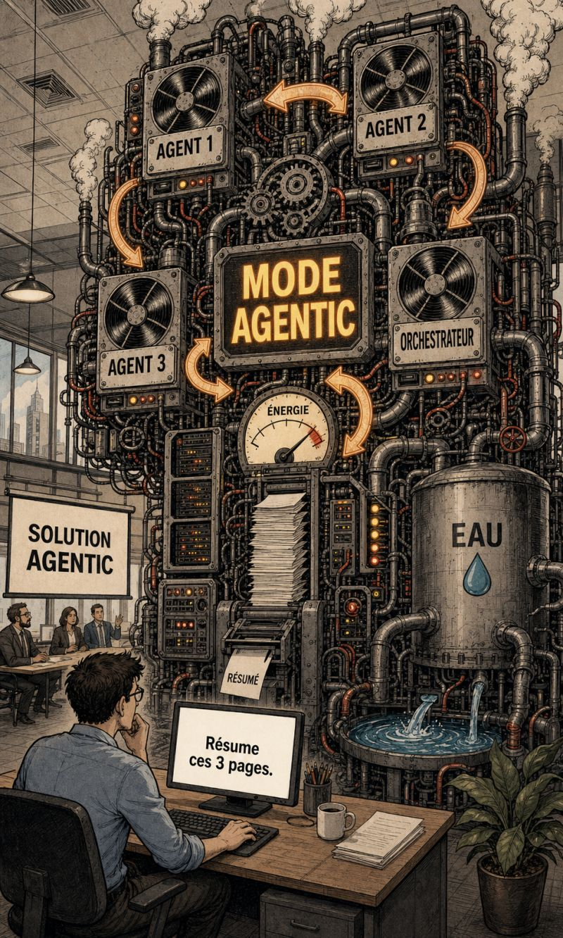 Une imposante machine agentique mobilise plusieurs agents, de l’énergie et de l’eau pour résumer trois pages